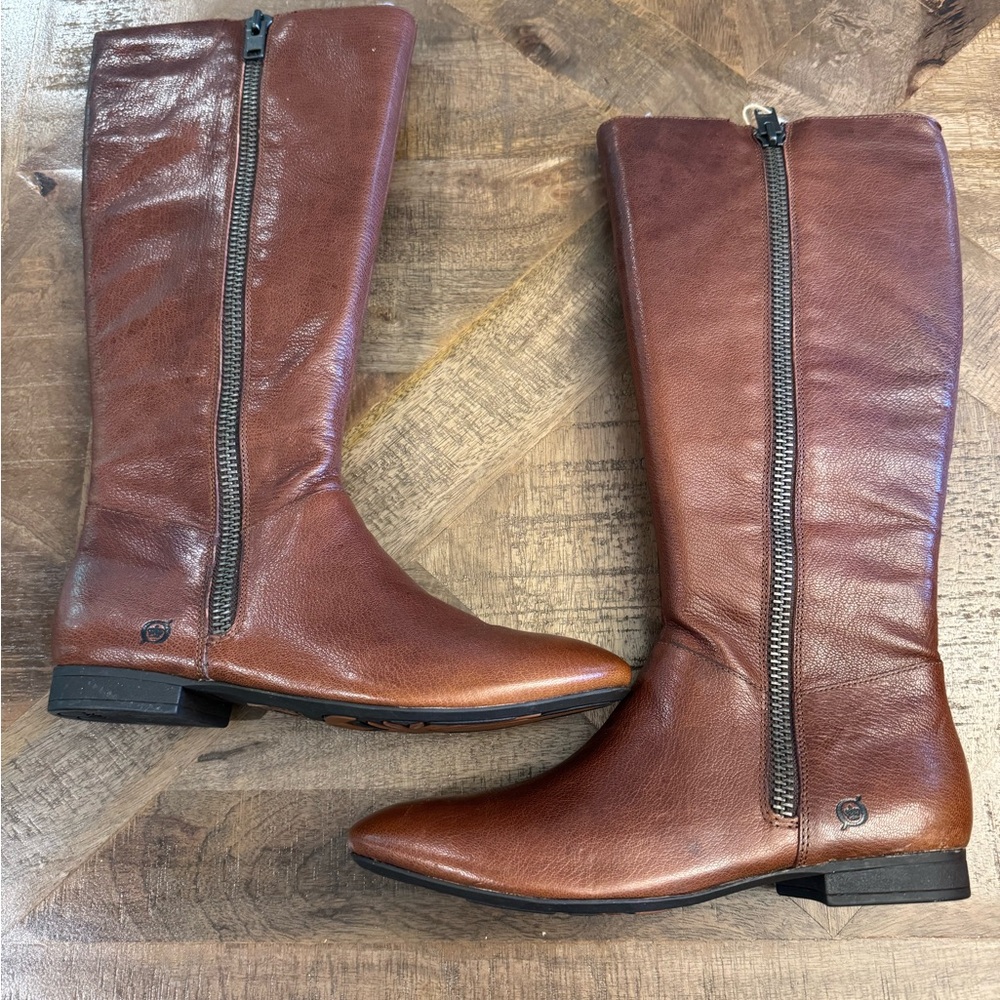 Born Terri Brown Leather Knee-High Boots with Zippers NIB size 10